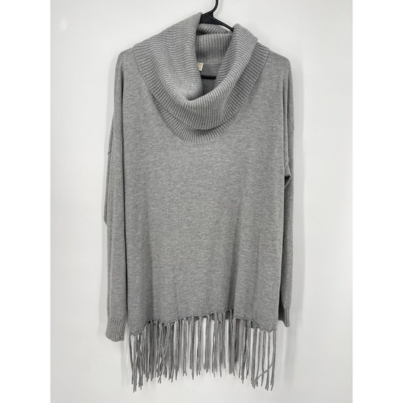 Michael Kors Womans Gray Long Sleeve Cowl Neck Fringe Hem Boho Tunic Sweater S - Picture 1 of 7